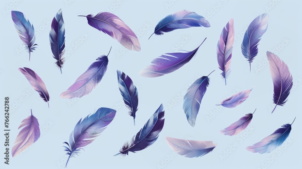 Falling Feathers Backdrop On Light Blue Background Falling Feathers Backdrop On Light Blue Background