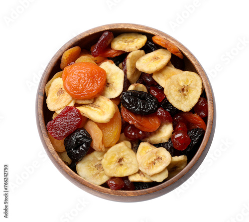 Mix of delicious dried fruits isolated on white, top view
