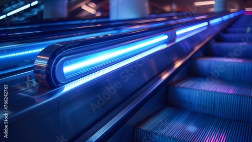Handrail sterilization unit with UV light installed on an escalator photo