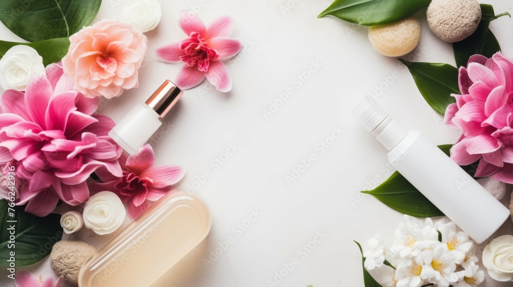 Bottle of Lotion With Flowers on Table Bottle of Lotion With Flowers on Table