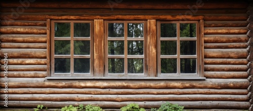 A rectangular log cabin made of hardwood with a window on the side. Surrounded by grass and plants, the rustic building is coated in wood stain