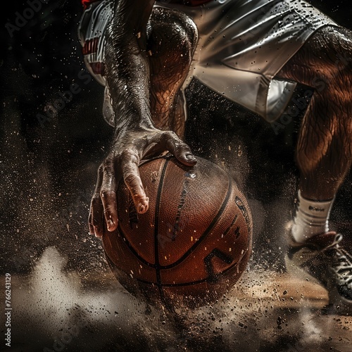 Basketball in motion, freeze frame capturing the splitsecond of a crossover dribble, high ISO, gritty texture photo