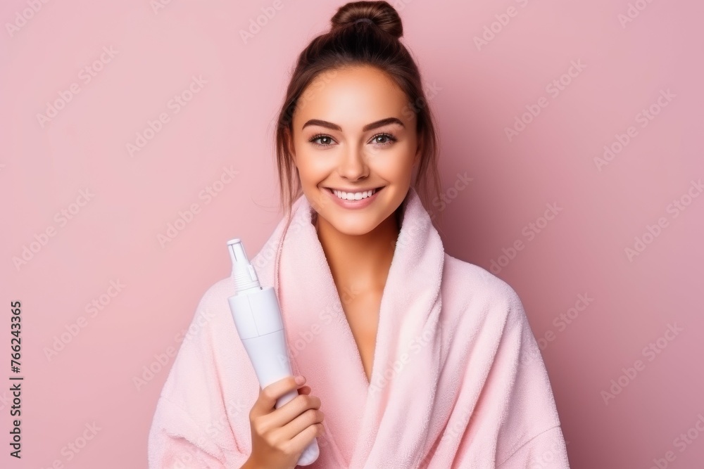 Woman in Pink Robe Holding Hair Dryer Woman in Pink Robe Holding Hair Dryer