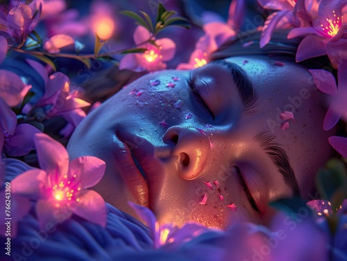 Moonlit nap in an enchanted forest, extreme closeup focusing on peaceful features against a backdrop of nightblooming flowers photo