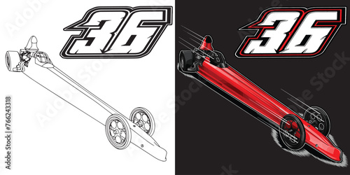 Outline and painted racing car. Isolated in black background, for t-shirt design, print, and for business purposes.