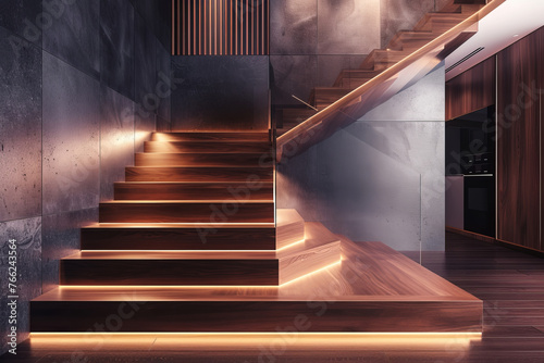 Luxurious modern wooden stairs illuminated in a large minimalist apartment or house
 photo