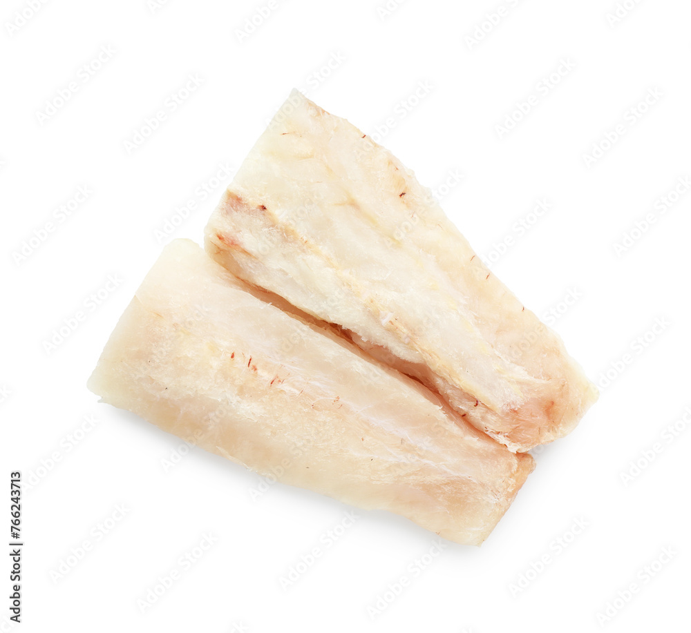 Fresh raw cod fillets isolated on white, top view Fresh raw cod fillets isolated on white, top view