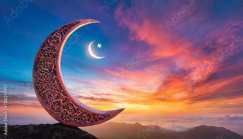 a stunning Eid al-Fitr card design featuring a crescent moon on a backdrop of a colorful sunset sky. The vibrant hues of the sky symbolize the joy and blessings of the occasion, making it an ideal cho photo