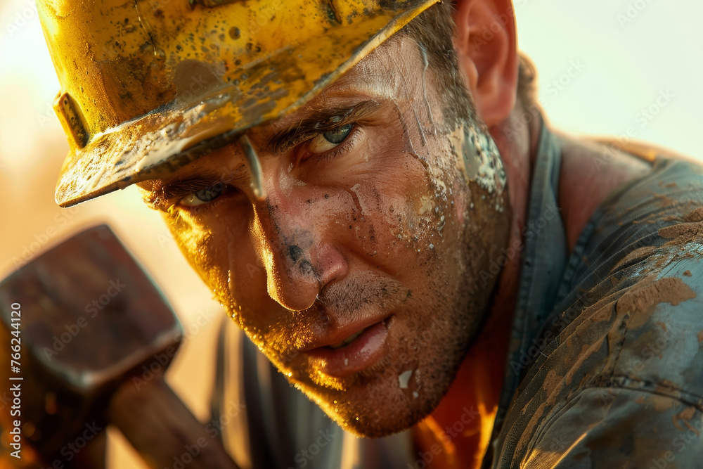 A close-up image of a man in work clothes and a yellow helmet, his face illuminated by the warm light as he holds a wrench against a white background