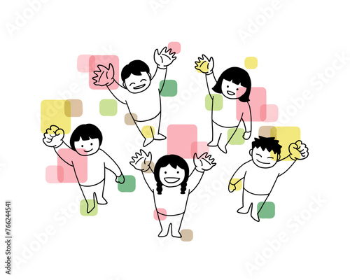 上に手を振る子ども達の線画イラスト