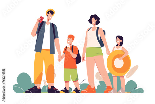 Happy traveling tourist family. Vector illustration
