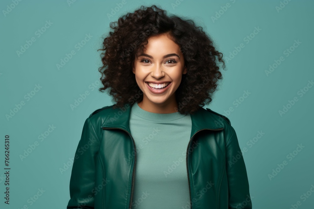Smiling Woman in Green Leather Jacket Smiling Woman in Green Leather Jacket