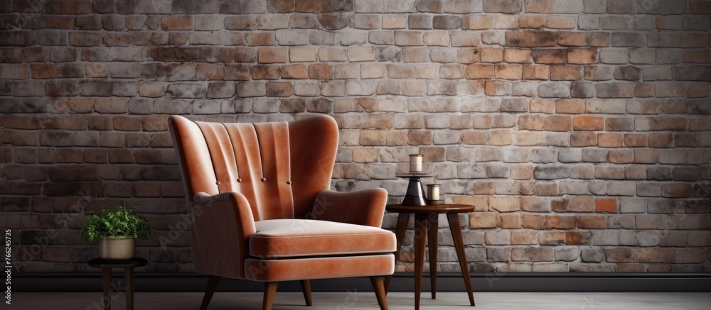 Furniture made of wood, a chair and a table, are placed in front of a brick wall inside a house with hardwood flooring made of building materials like brickwork - obrazy, fototapety, plakaty 