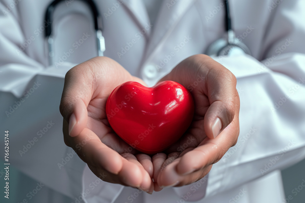 Hands of doctor wearing white robe with stethoscope holding red heart on hands, close up selective focus, health, care and medicine or organ donor theme Hands of doctor wearing white robe with stethoscope holding red heart on hands, close up selective focus, health, care and medicine or organ donor theme