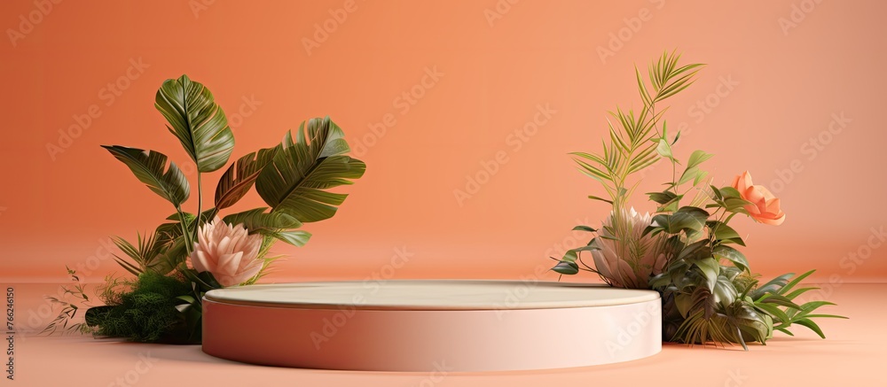 A circular white platform adorned with various green plants and flowers set against a soft pink backdrop A circular white platform adorned with various green plants and flowers set against a soft pink backdrop