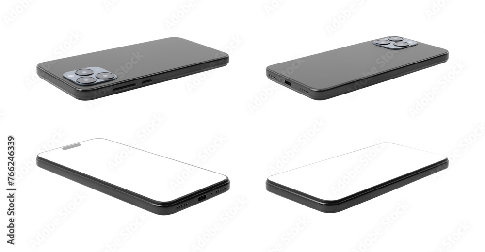 Smartphones with blank screens isolated on white, collage. Mockup for design Smartphones with blank screens isolated on white, collage. Mockup for design