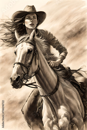 Drawing of a beautiful cowgirl woman in the wild west riding a horse. Beautiful country woman in a hat and shirt.