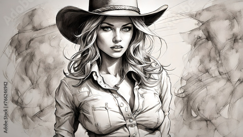 Drawing of a beautiful cowgirl woman in the wild west. Beautiful country woman in a hat and shirt. photo