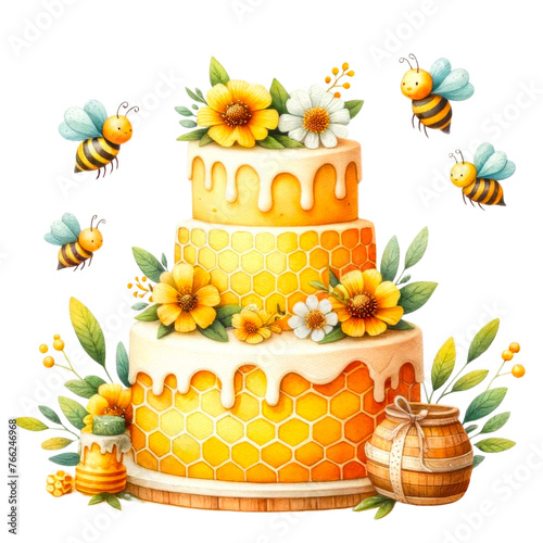 Bear-Bee Themed Birthday Illustration, A collection of adorable bear characters dressed as bees, surrounded by birthday and honey-themed elements, ideal for festive design.
