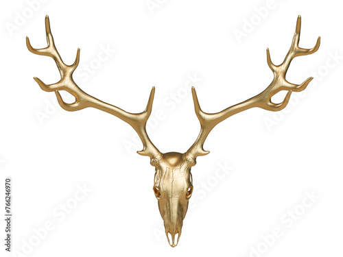Gold deer skull with horns or Image of deer skull on transparency background