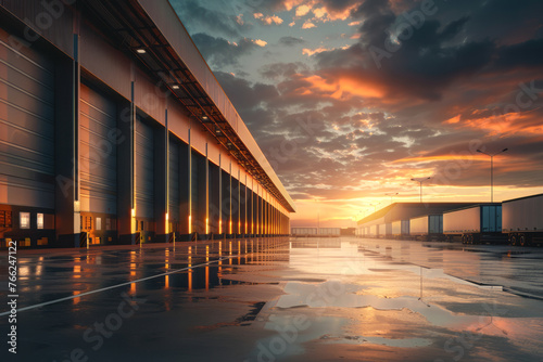 Logistics management modern warehouse and parking lot against the background of a beautiful sunset with space for text or inscriptions
