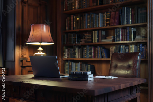 A desk in a lawyer's office with books on shelves in the background and a laptop on the desk and an empty leather chair
