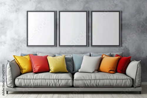 Light gray sofa with colorful multi-colored pillows and three empty frames on the wall with space for graphics, text or inscriptions. beautiful room decor
