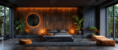 living room interior, Wardrobe with black marble doors , Black luxury wood wardrobe with minimalist design and light, 3D rendering of a modern bedroom with black and gray lockers © PixxStudio
