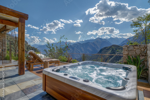 Hot tub on patio with mountain view, surrounded by natural landscape. Generative AI © Eugen