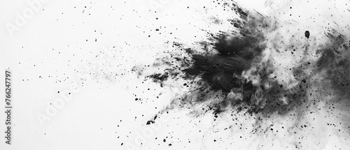 Isolated explosion of black particles on a white background. overlay texture of abstract dust ,Black dust on white background ,abstract powder splatted on white background 