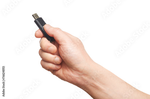 흰색배경에 USB 메모리카드를 들고 있는 손