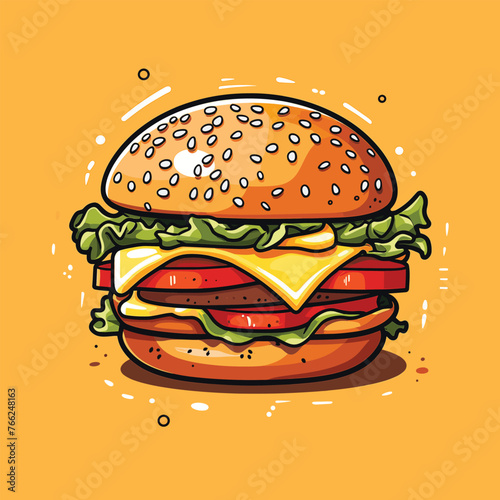 A vibrant illustration of a juicy burger with fresh veggies, cheese, and a sesame seed bun