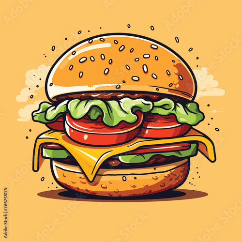 A vibrant illustration of a juicy burger with fresh veggies, cheese, and a sesame seed bun