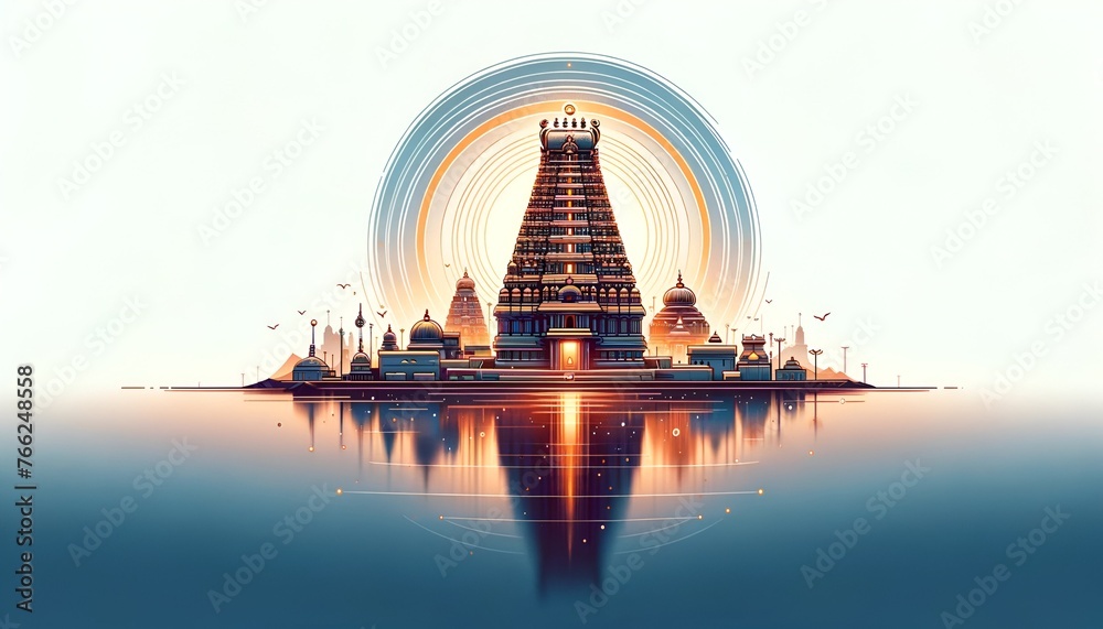Illustration for tamil new year with temple and symbols. - obrazy, fototapety, plakaty 