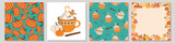 Vector flat Halloween pumpkin seamless patterns, frame template and design element pumpkin printable repeatable texture signboard design. Halloween, Thanksgiving Holiday and Pumpkin Concept Design.