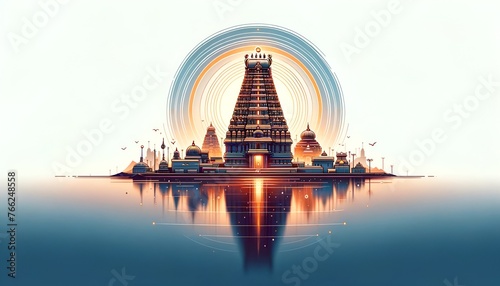 Illustration for tamil new year with temple and symbols.