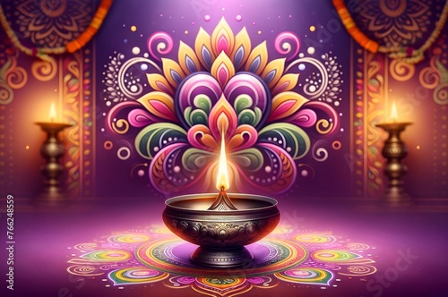 Beautiful illustration for tamil new year celebration with diya lamp and decoration. photo