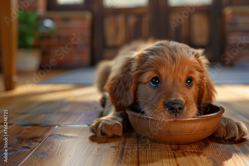 Cute little pet dog with head in bowl waiting for food in room selective focus close up on floor
