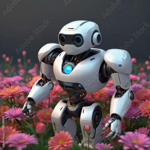 "Charming 3D Robot Amidst Vibrant Flowers: Adorable Character in High Definition"





