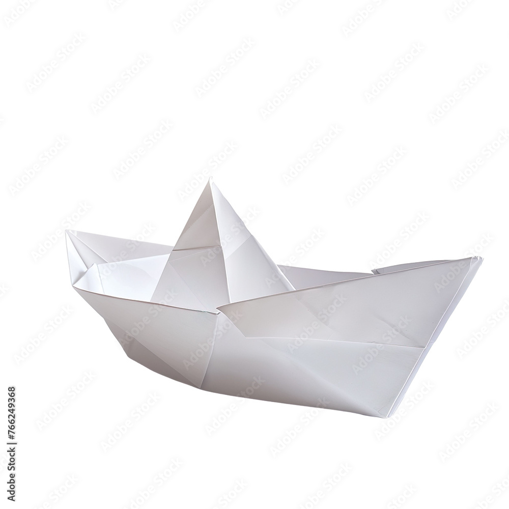 Profile view of an origami boat made of white handmade paper isolated on a white transparent background Profile view of an origami boat made of white handmade paper isolated on a white transparent background