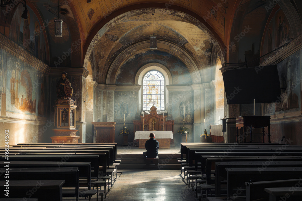 Beautiful old church or temple interior with dramatic sunlight streaming through the large window into the interior with a praying man at the altar
