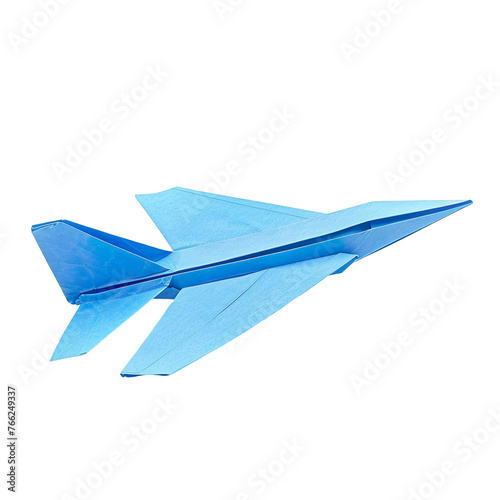 Profile view of an origami airplane made of blue handmade paper isolated on a white transparent background