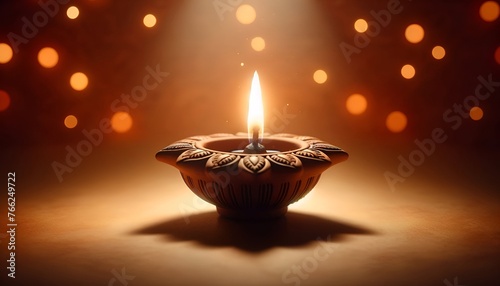 Realistic elegant clay oil lamp with bokeh lights and place for text.