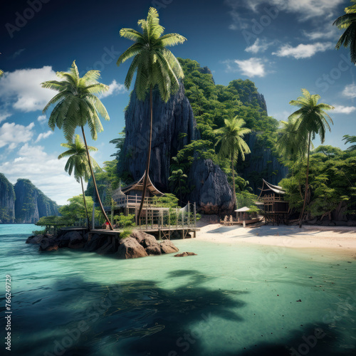 Experience the serenity of a tropical paradise with this breathtaking island view from the beach. AI generative