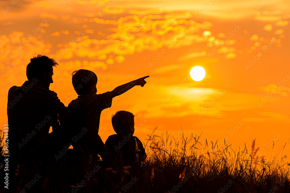 silhouettes of father with his children observing a solar eclipse - obrazy, fototapety, plakaty 