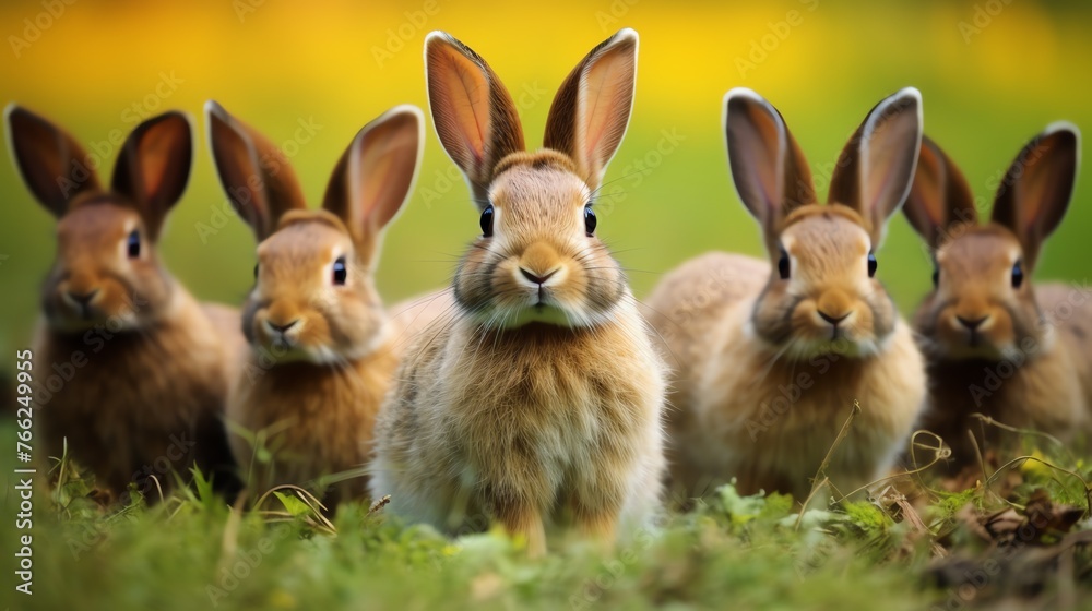 a group of brown rabbits in grass