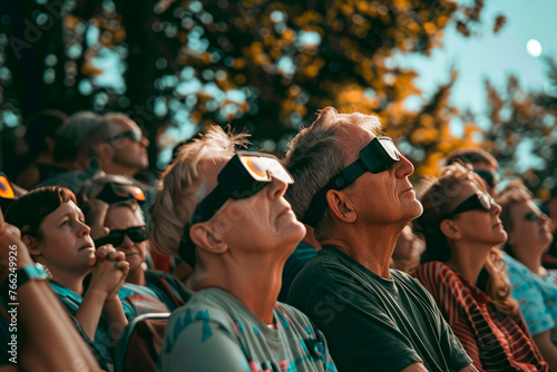 crowd of people with protective glasses watching a solar eclipse