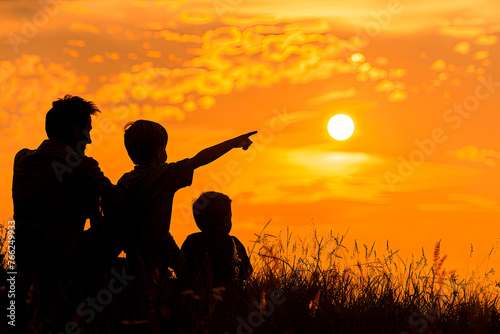 silhouettes of father with his children observing a solar eclipse