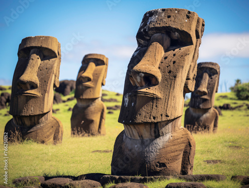 a group of stone statues in a field with Easter Island in the background photo