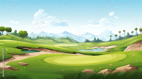 a golf course with a river and mountains in the background photo